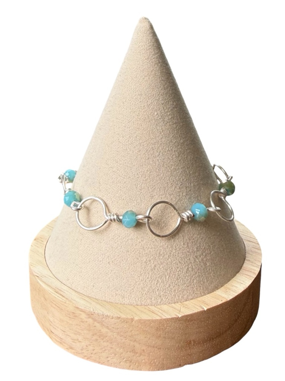 Hand Crafted Silver Plated Copper Wire Wrapped Bracelet Teal Faceted Glass Beads